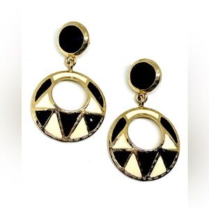 Vintage Black Cream Enamel Geometric Triangle Pattern Post Drop Hoop Earrings 2”